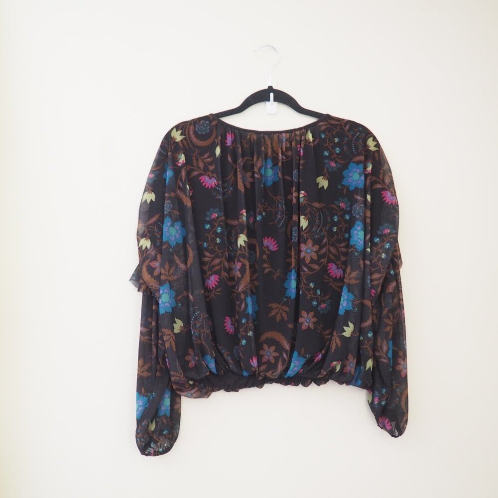 !! Free People Black Wildflower Honey Floral Long Sleeve Lined Mesh Top - Picture 7 of 8